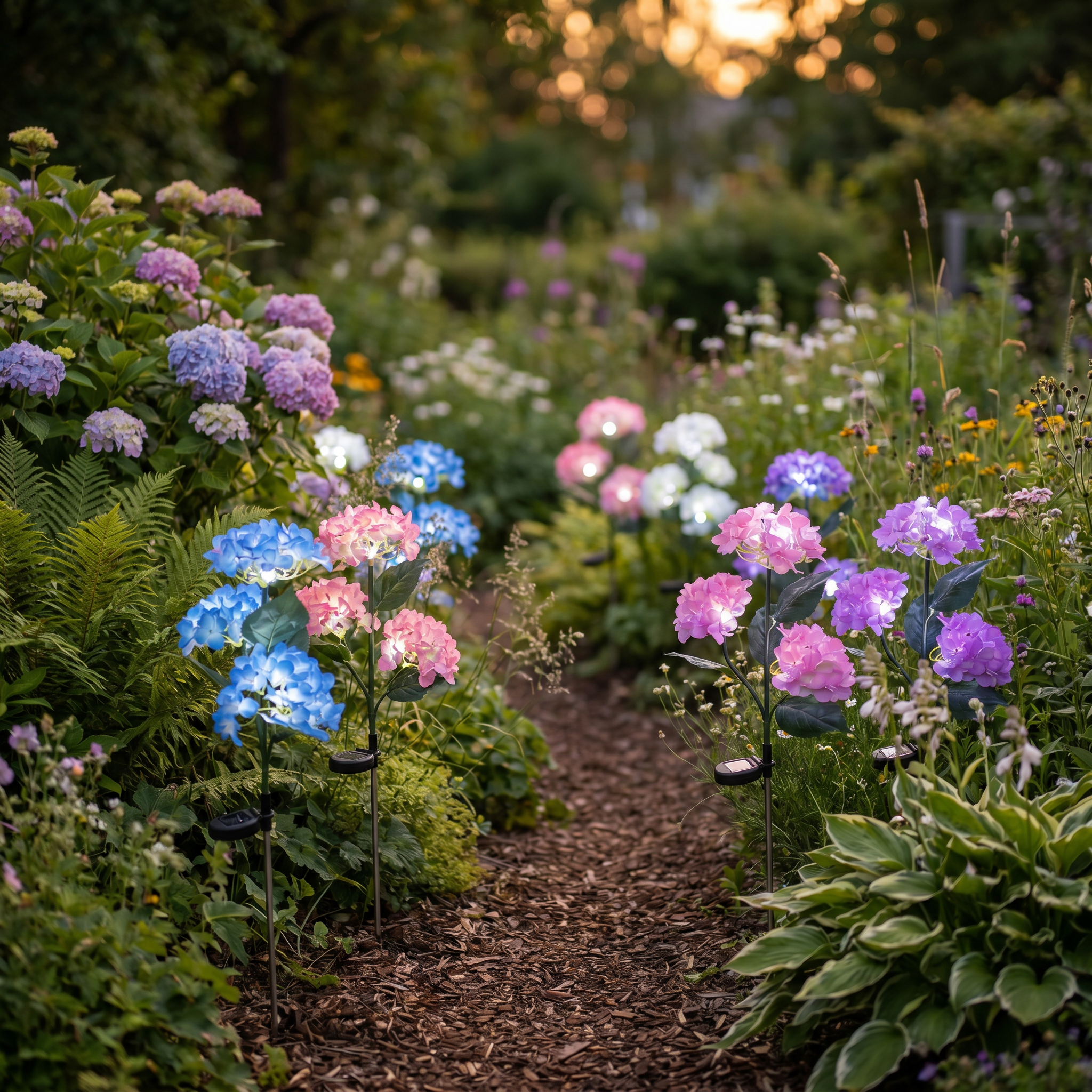 Solcelledrevet hortensia hagelys i hagen ved solnedgang